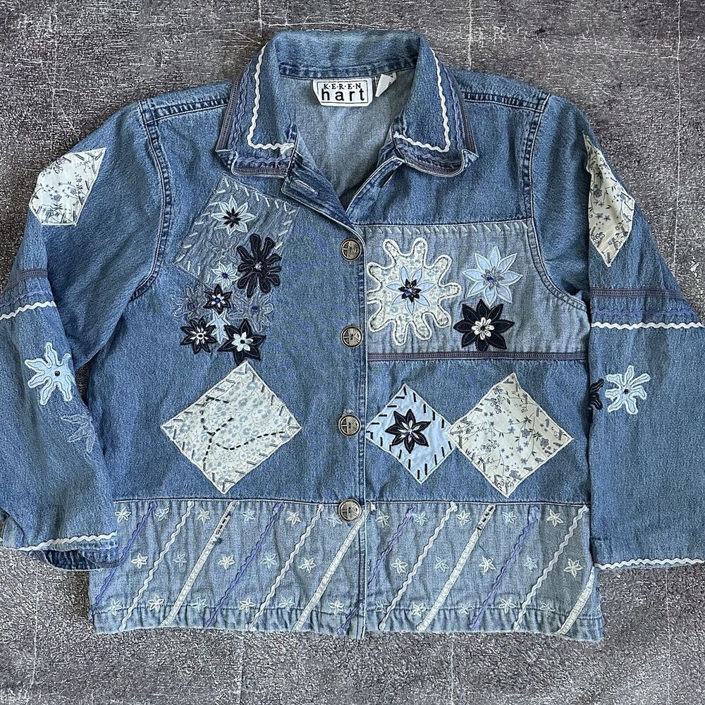 Women's Vintage 90s Keren Hart Button Up Patchwork Denim Chore Coat Jacket Sz XL